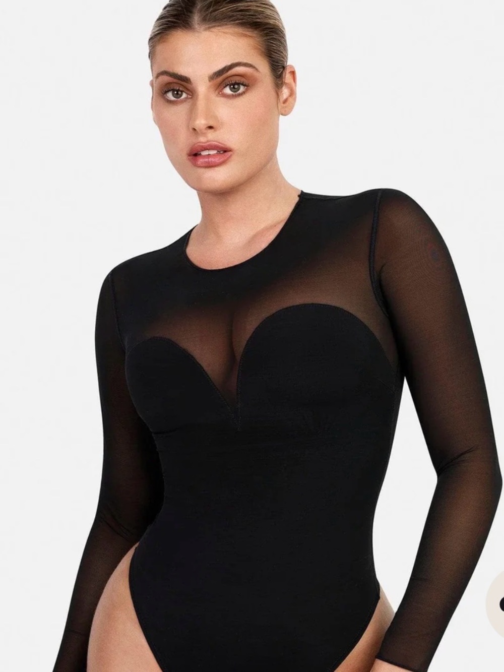 Long-Sleeve Black Sheer Panel Bodysuit